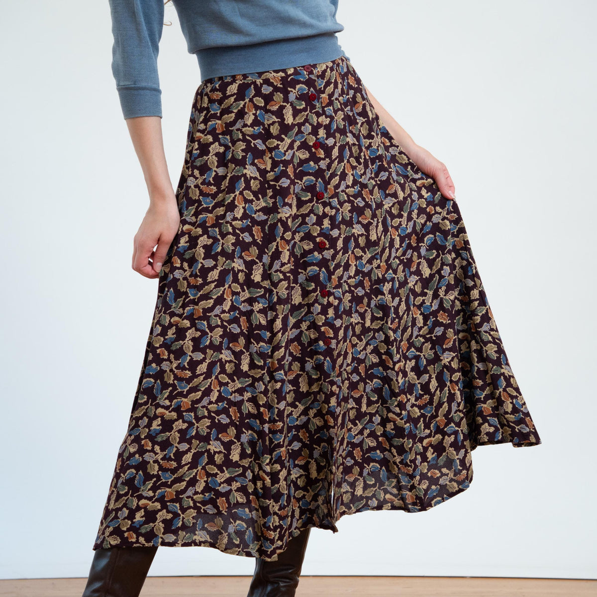 Vintage 90s Autumn Leaves Midi Skirt - Small, 27" Waist | Boho Button Front Rayon Skirt