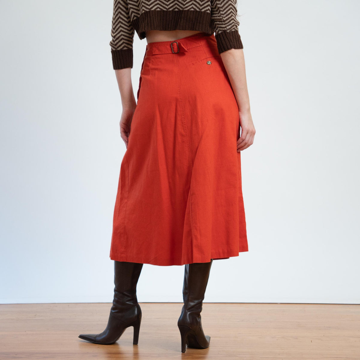 Vintage 80s Burnt Orange Linen Blend Midi Skirt - Small, 27" Waist | Buckle Back A Line Skirt