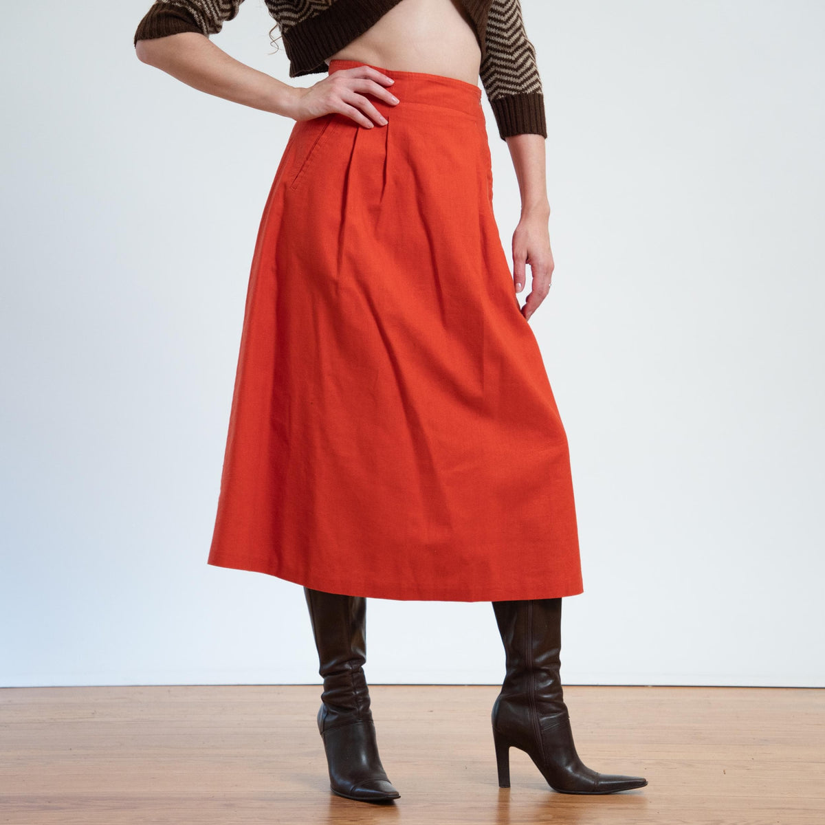 Vintage 80s Burnt Orange Linen Blend Midi Skirt - Small, 27" Waist | Buckle Back A Line Skirt