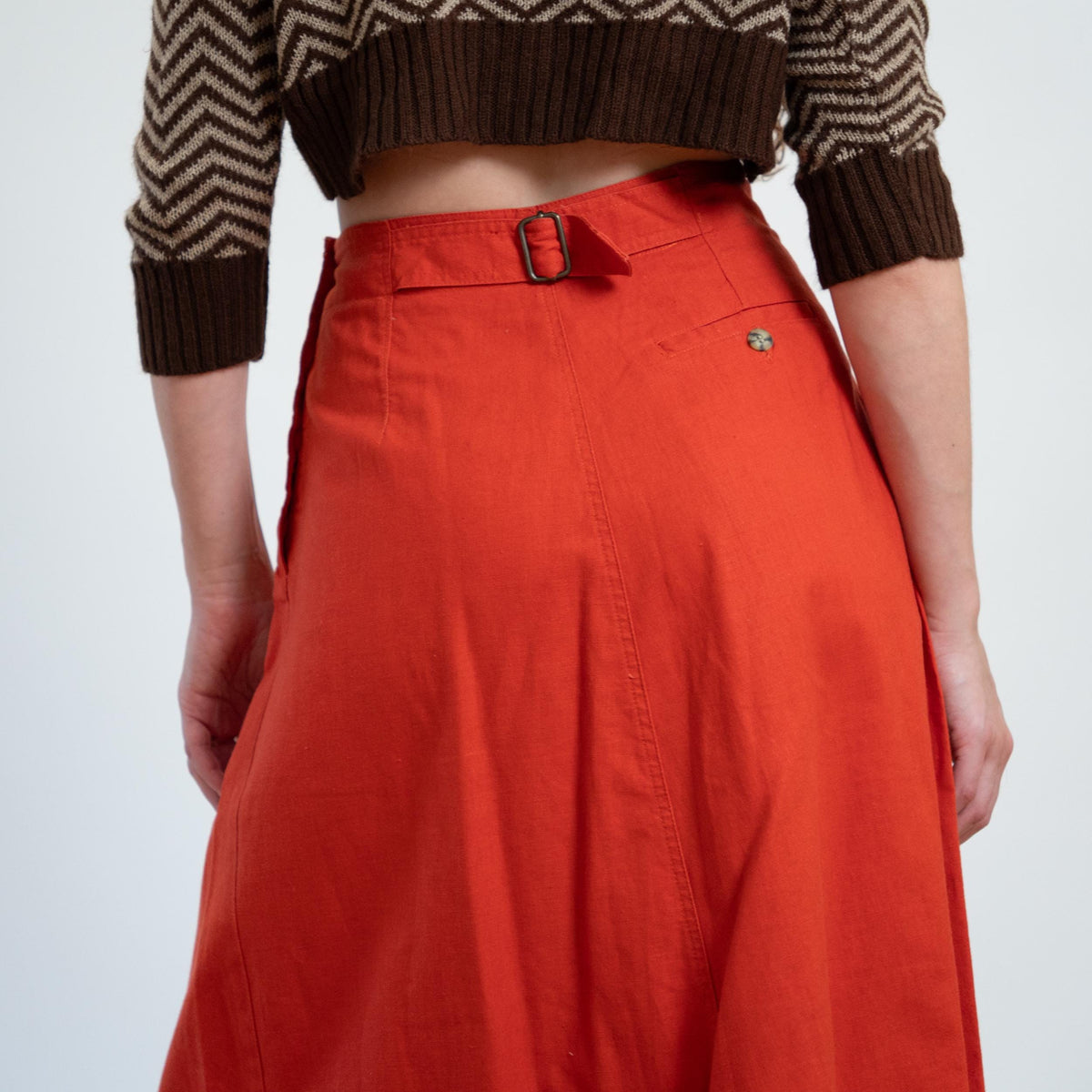Vintage 80s Burnt Orange Linen Blend Midi Skirt - Small, 27" Waist | Buckle Back A Line Skirt
