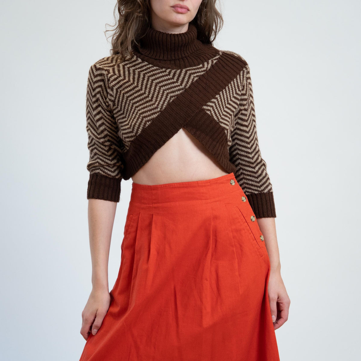 Vintage Y2K Brown Chevron Cross Front Bolero Shrug - Small to Medium | Turtleneck Crop Top Sweater