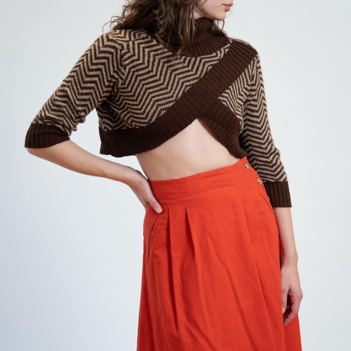 Vintage Y2K Brown Chevron Cross Front Bolero Shrug - Small to Medium | Turtleneck Crop Top Sweater