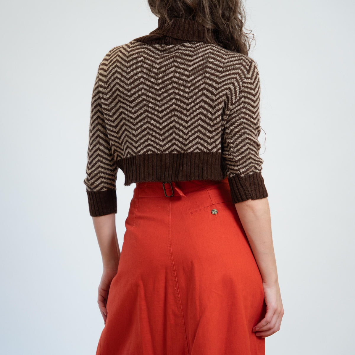 Vintage Y2K Brown Chevron Cross Front Bolero Shrug - Small to Medium | Turtleneck Crop Top Sweater