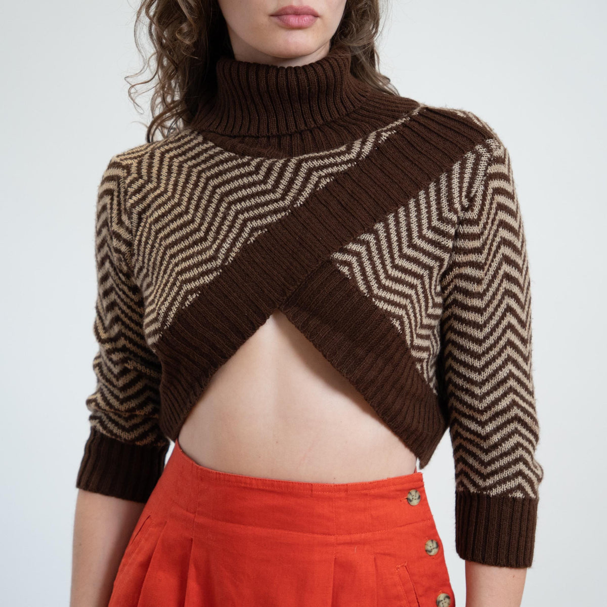 Vintage Y2K Brown Chevron Cross Front Bolero Shrug - Small to Medium | Turtleneck Crop Top Sweater