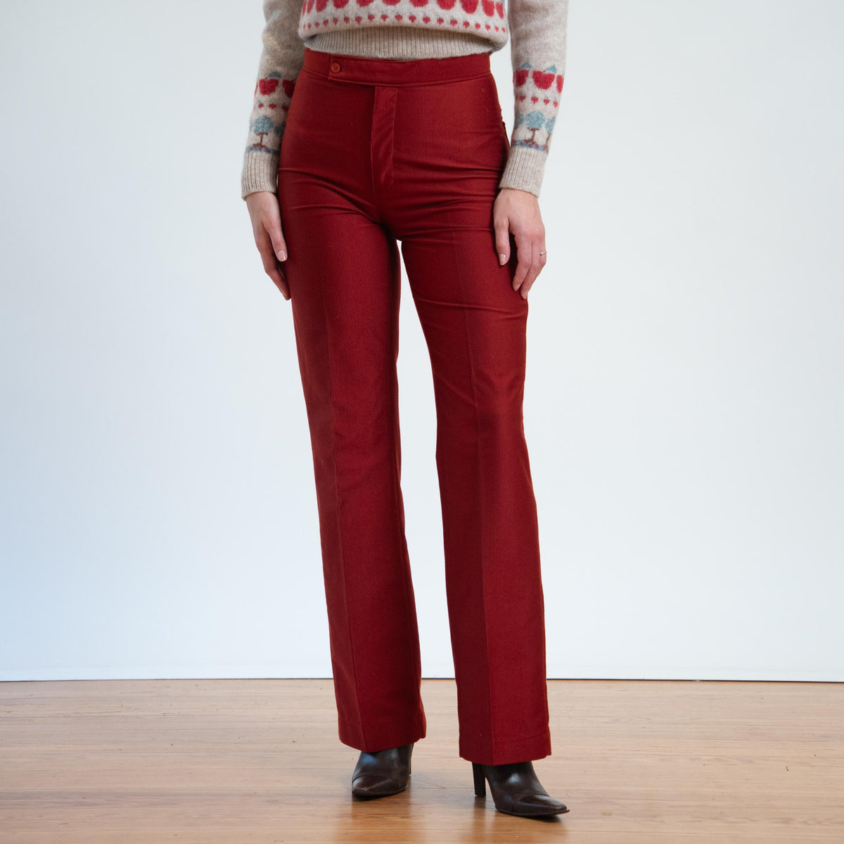 Vintage 70s Rust Red Ribbed Trousers - Men's XS, Women's Small, 29" Waist | Unisex High Waisted Bootcut Pants