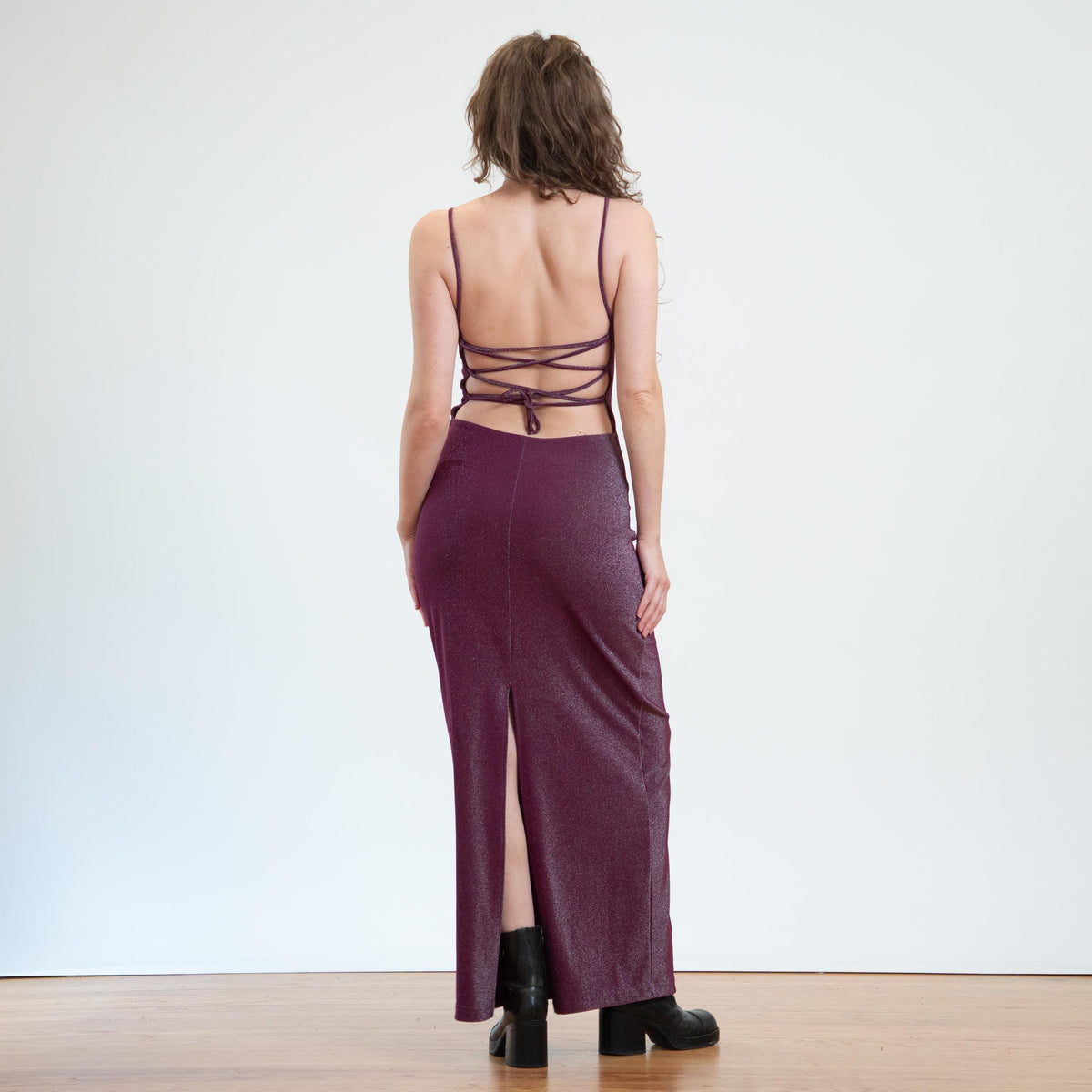 Vintage 90s Metallic Purple Strappy Backless Gown - Small | Open Back Sexy Bodycon Maxi Dress