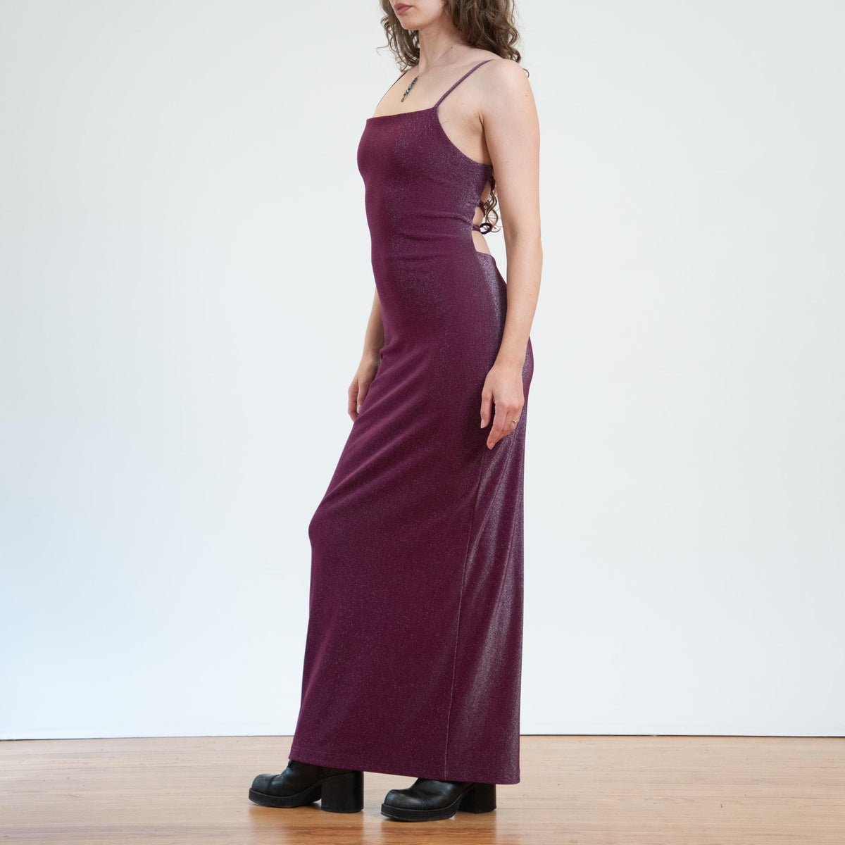 Vintage 90s Metallic Purple Strappy Backless Gown - Small | Open Back Sexy Bodycon Maxi Dress