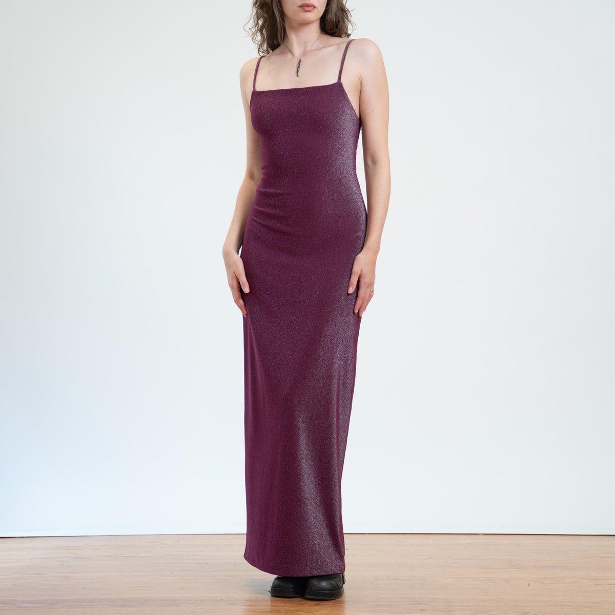 Vintage 90s Metallic Purple Strappy Backless Gown - Small | Open Back Sexy Bodycon Maxi Dress