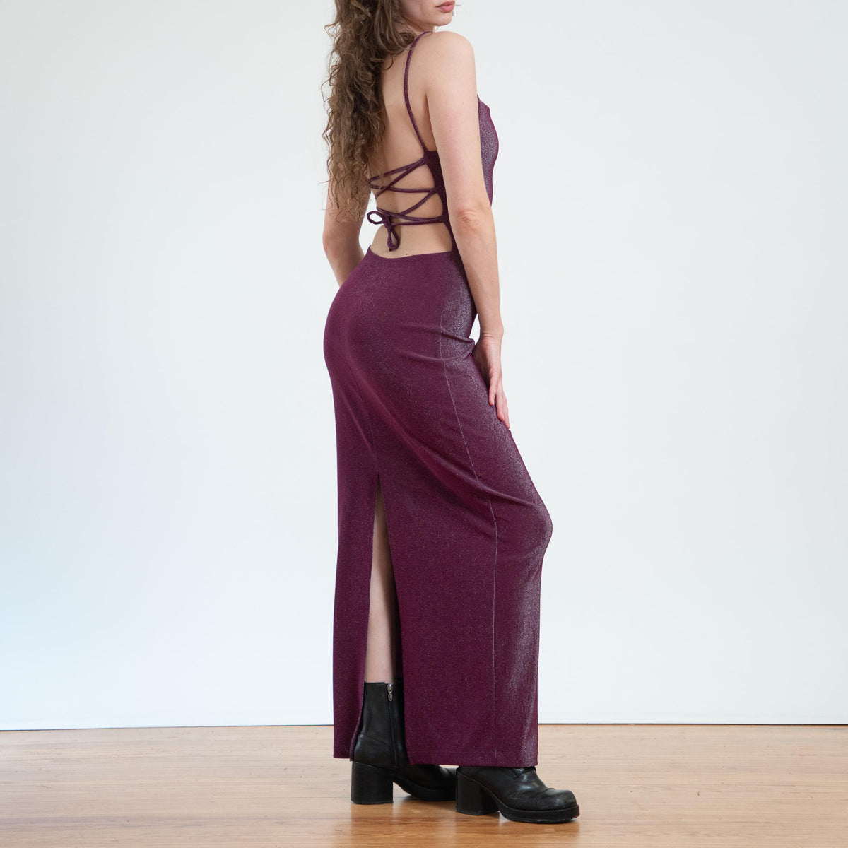 Vintage 90s Metallic Purple Strappy Backless Gown - Small | Open Back Sexy Bodycon Maxi Dress