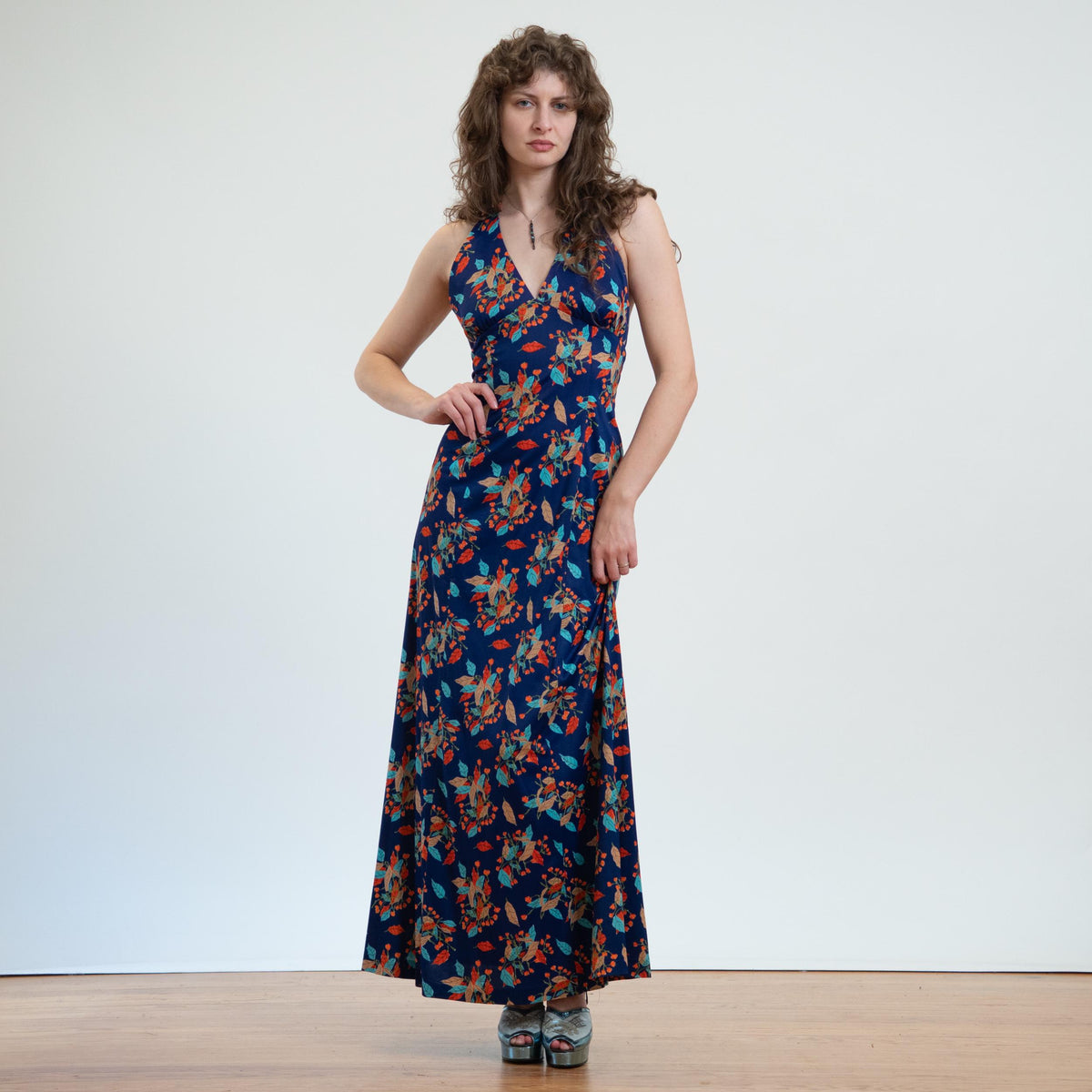 Vintage 70s Autumn Leaf Print Halter Maxi Dress - Small | Boho Low Back Disco Sundress