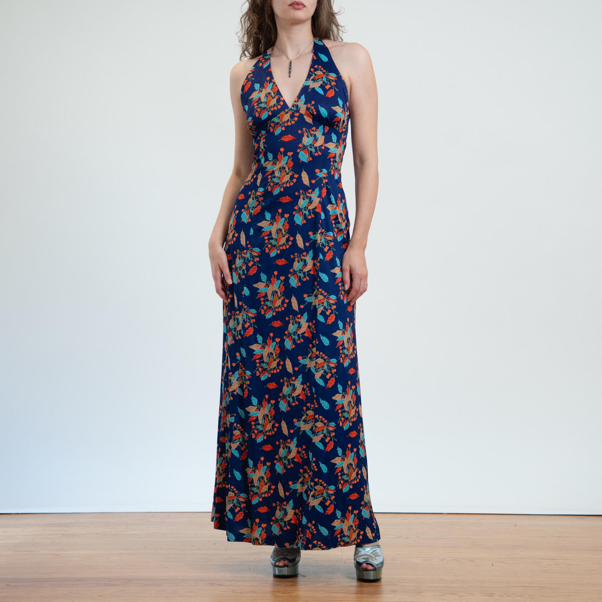 Vintage 70s Autumn Leaf Print Halter Maxi Dress - Small | Boho Low Back Disco Sundress