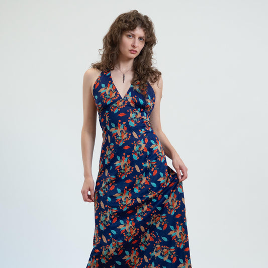 Vintage 70s Autumn Leaf Print Halter Maxi Dress - Small | Boho Low Back Disco Sundress