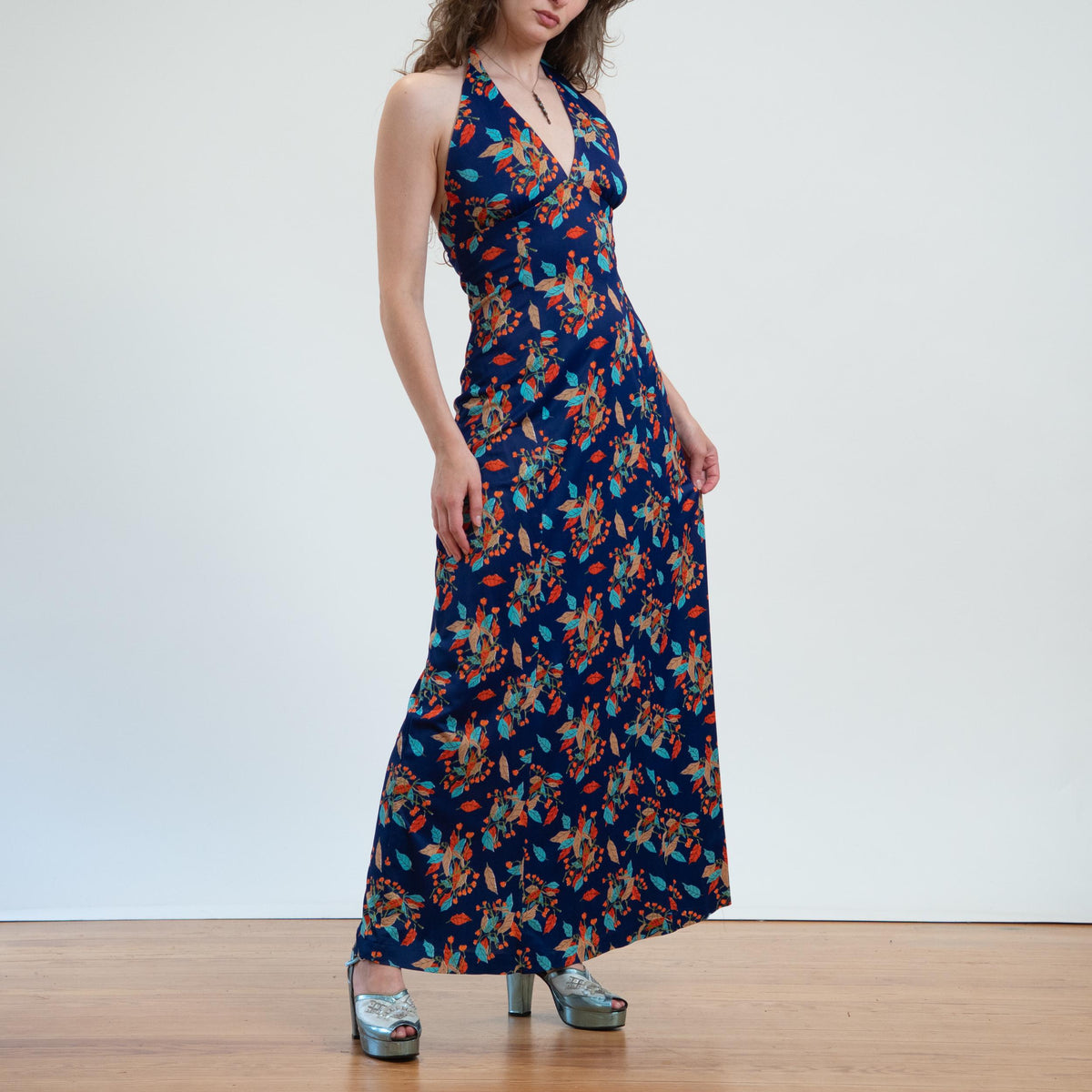 Vintage 70s Autumn Leaf Print Halter Maxi Dress - Small | Boho Low Back Disco Sundress