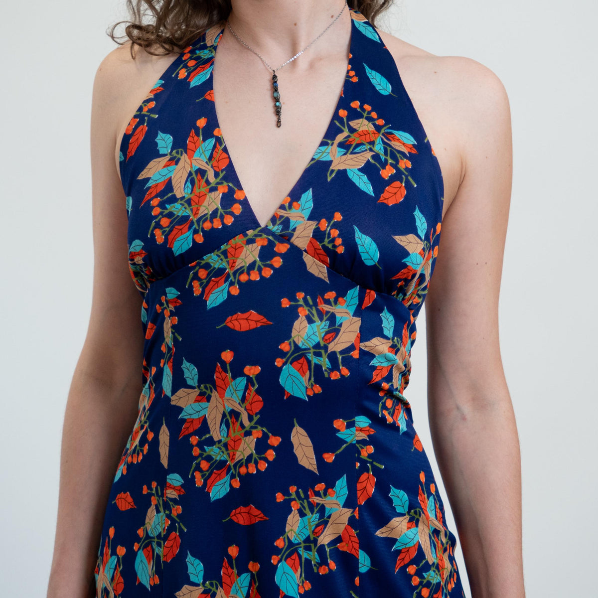Vintage 70s Autumn Leaf Print Halter Maxi Dress - Small | Boho Low Back Disco Sundress