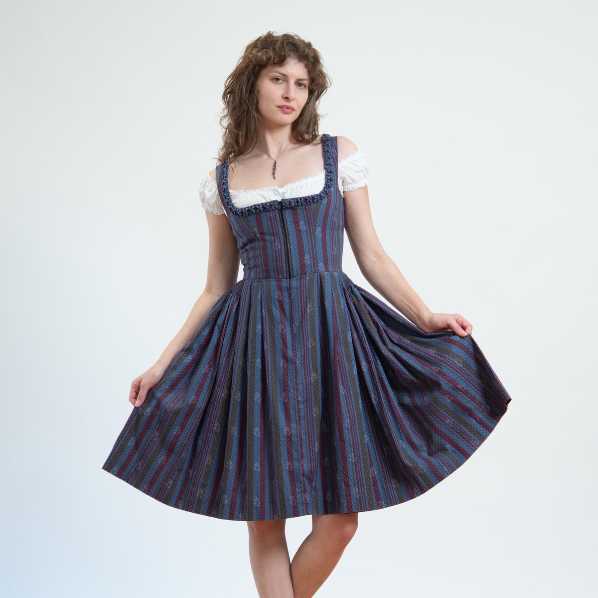 Vintage 70s Striped Dirndl Trachten Folk Dress - Small | Oktoberfest German Boho Midi Pinafore