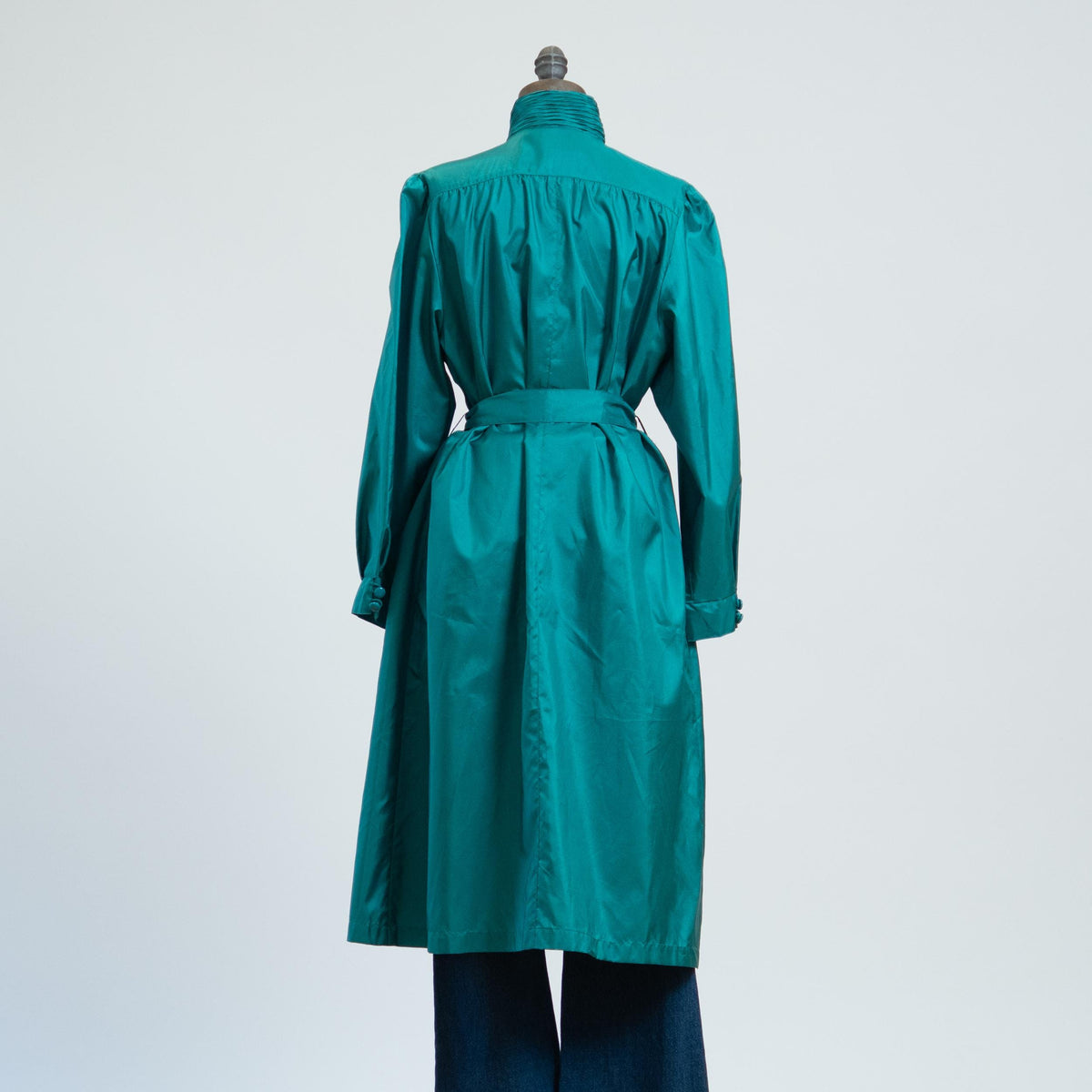 Vintage 80s Shiny Teal Belted Rain Jacket - Petite Large | Puff Sleeve Mid Length Trench Coat