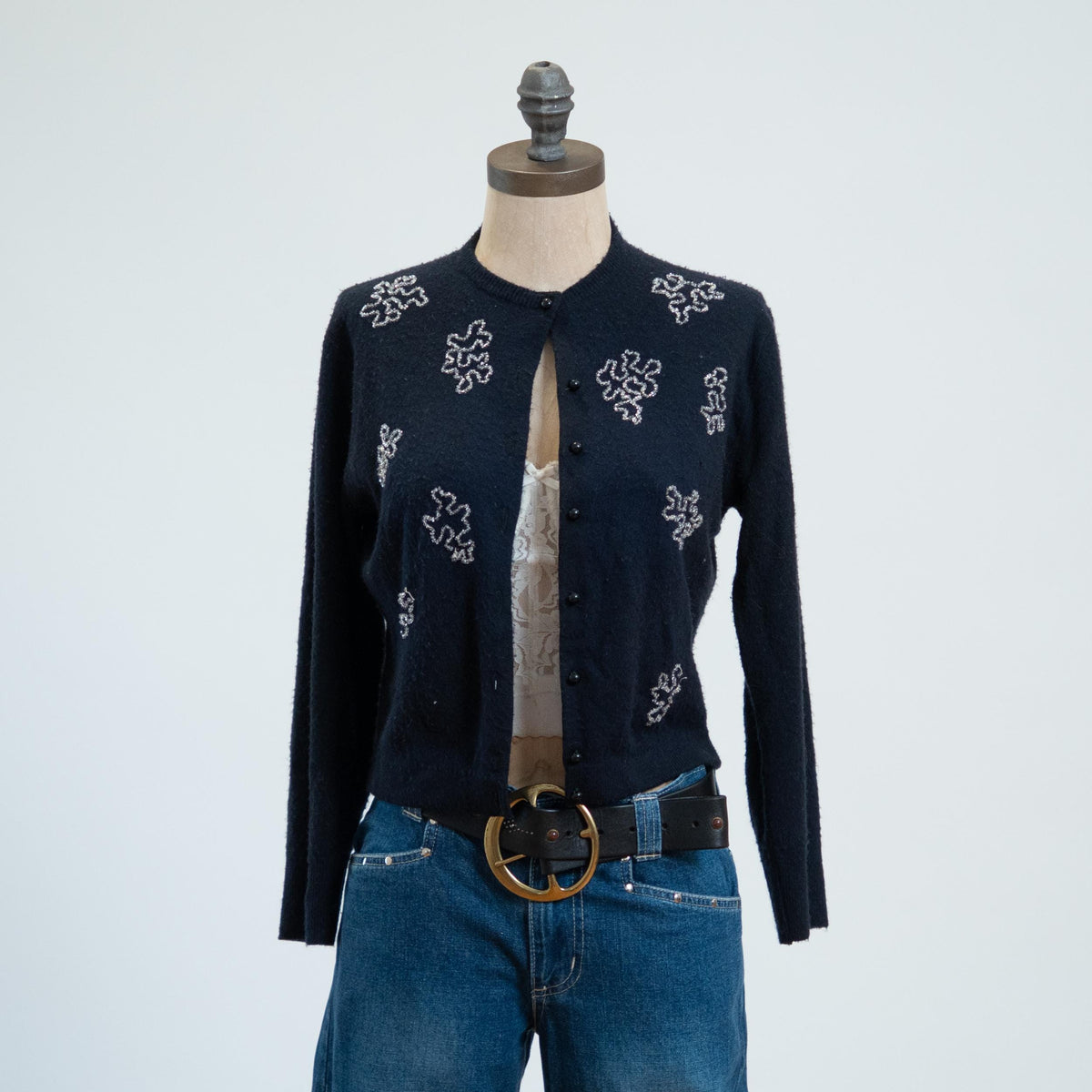 Vintage 50s Midnight Blue Cashmere Beaded Cardigan, As Is - Small | Cropped Button Up Lightweight Sweater