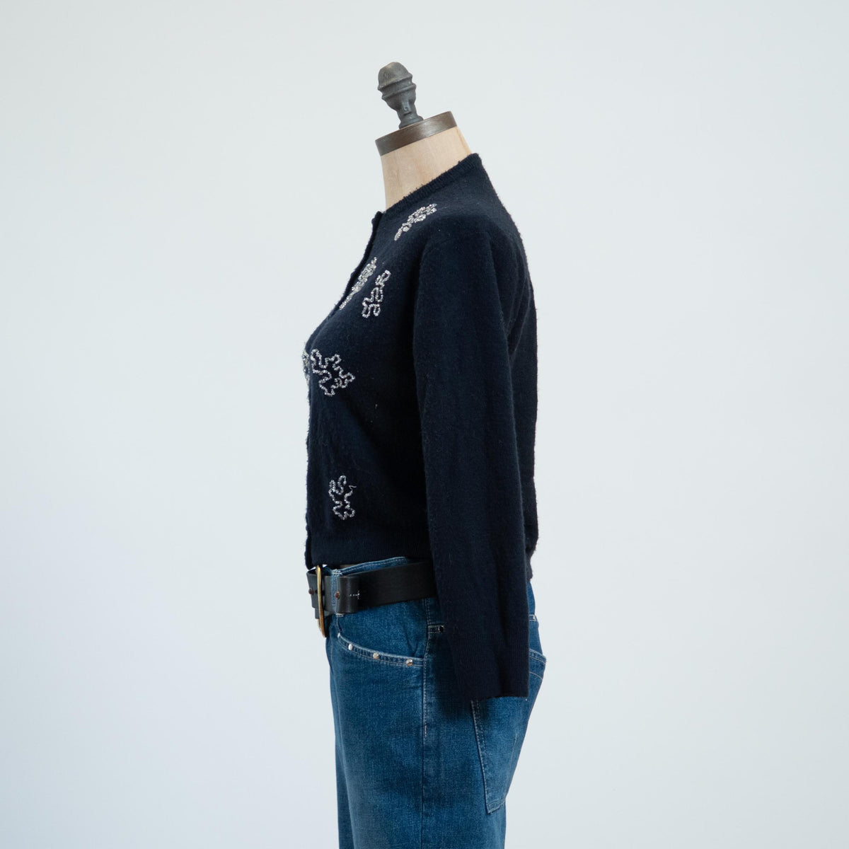 Vintage 50s Midnight Blue Cashmere Beaded Cardigan, As Is - Small | Cropped Button Up Lightweight Sweater
