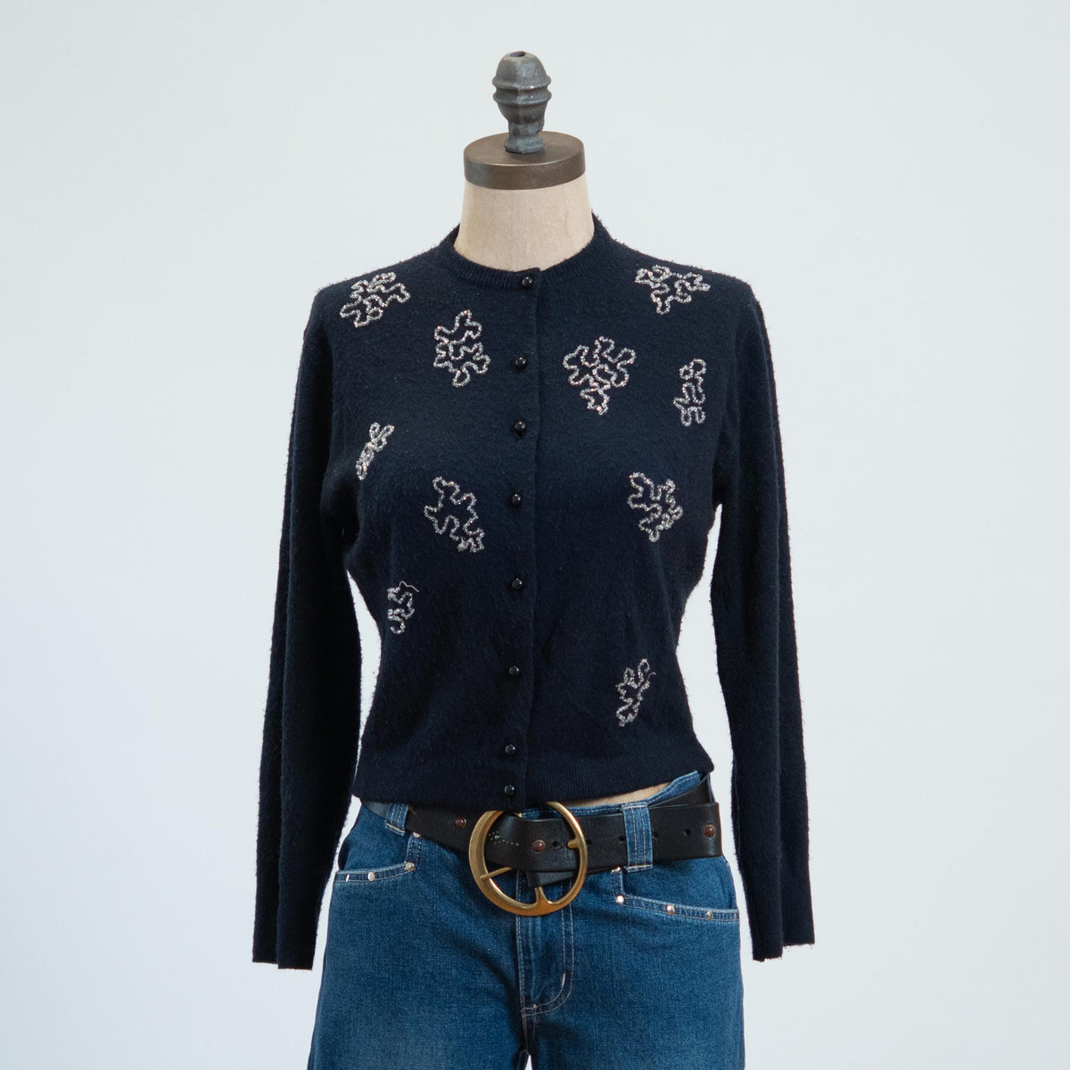 Vintage 50s Midnight Blue Cashmere Beaded Cardigan, As Is - Small | Cropped Button Up Lightweight Sweater