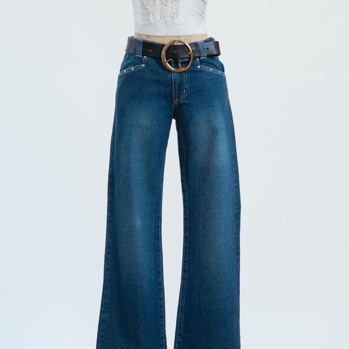 Vintage Y2K Low Rise Studded Flared Jeans - Small | Dark Wash Denim Flares