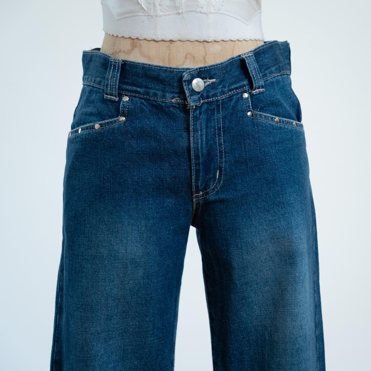 Vintage Y2K Low Rise Studded Flared Jeans - Small | Dark Wash Denim Flares