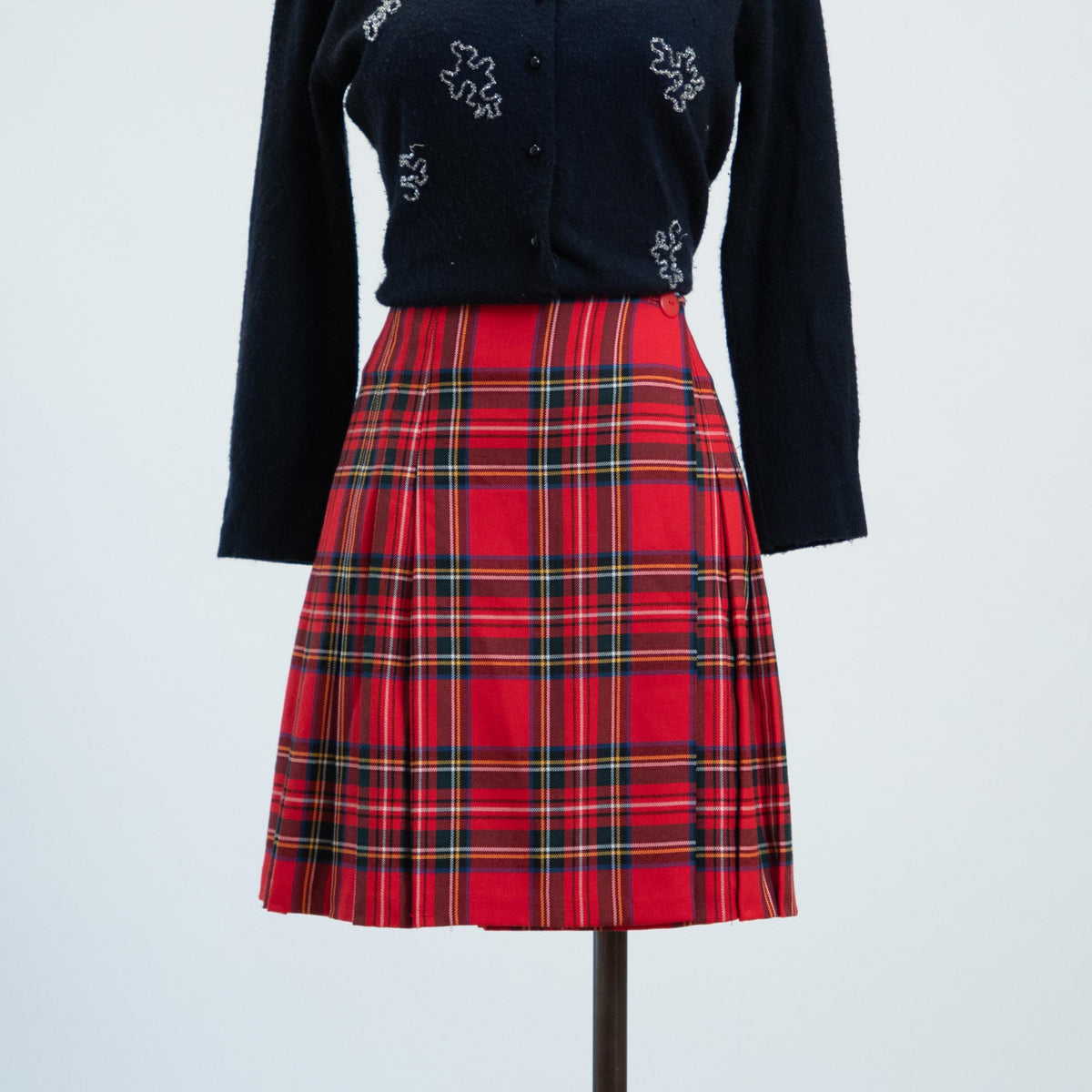 Vintage 90s Red Plaid Schoolgirl Mini Skirt - Extra Small, 24" Waist | High Waisted Pleated Wrap Skirt