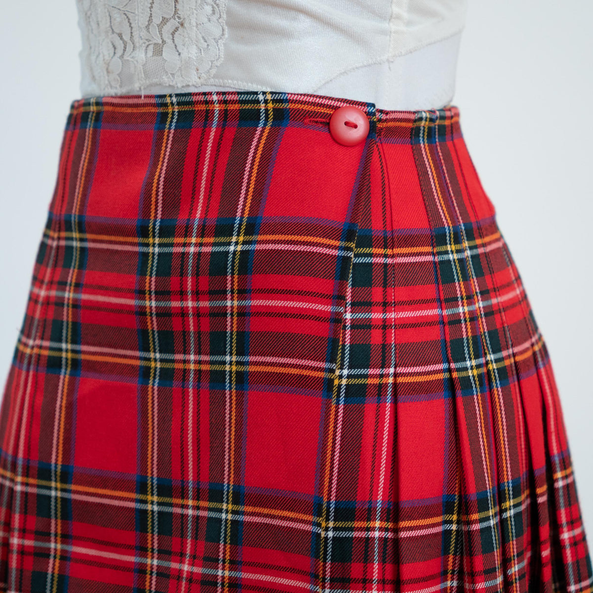 Vintage 90s Red Plaid Schoolgirl Mini Skirt - Extra Small, 24" Waist | High Waisted Pleated Wrap Skirt