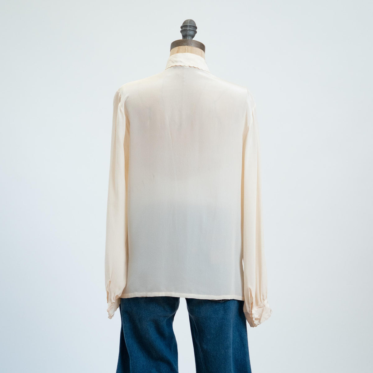 Vintage 70s Ivory Silk Eyelet Blouse - Large | Peony Boho Long Sleeve Button Up Top