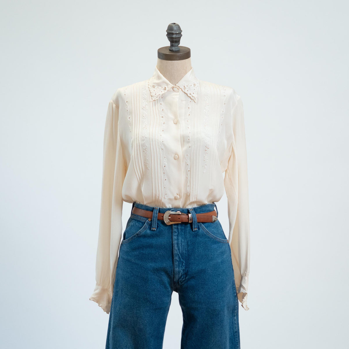 Vintage 70s Ivory Silk Eyelet Blouse - Large | Peony Boho Long Sleeve Button Up Top