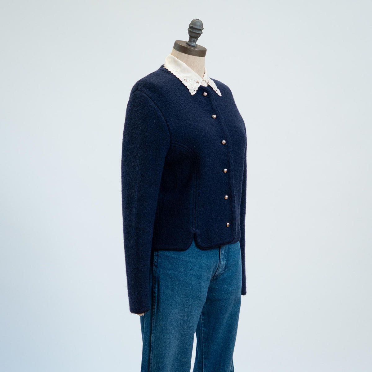 Vintage 80s Tyrolean Midnight Blue Wool Alpine Cardigan - Small | Knit Trachten Folk Sweater