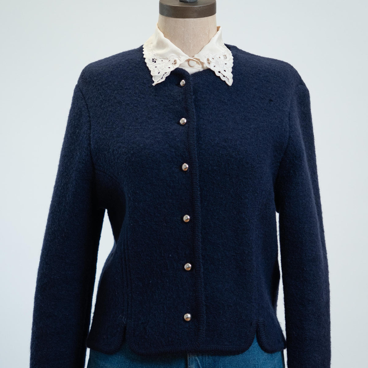 Vintage 80s Tyrolean Midnight Blue Wool Alpine Cardigan - Small | Knit Trachten Folk Sweater