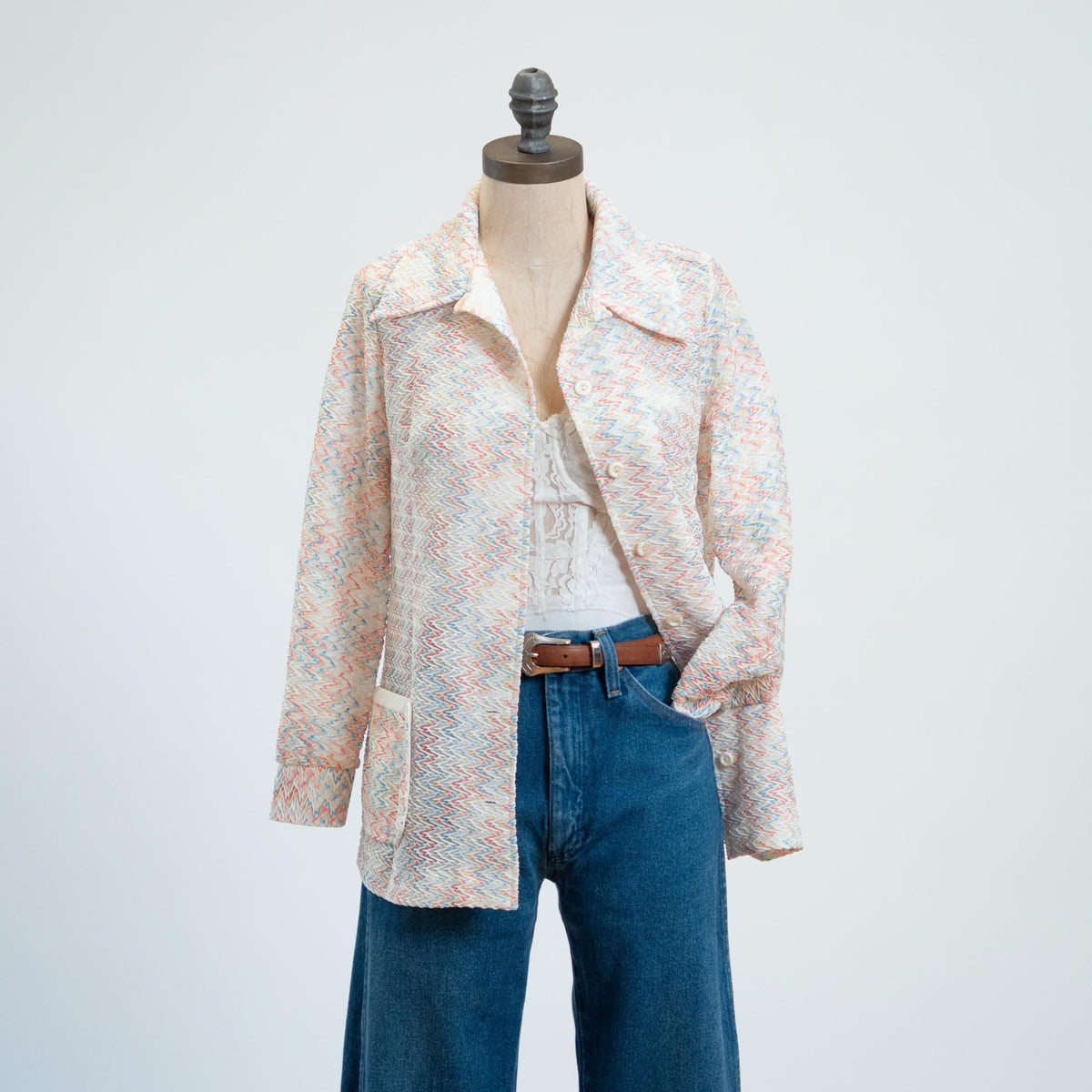 Vintage 70s Flame Stitch Knit Shirt - Medium | Zig Zag Striped Long Sleeve Collared Top