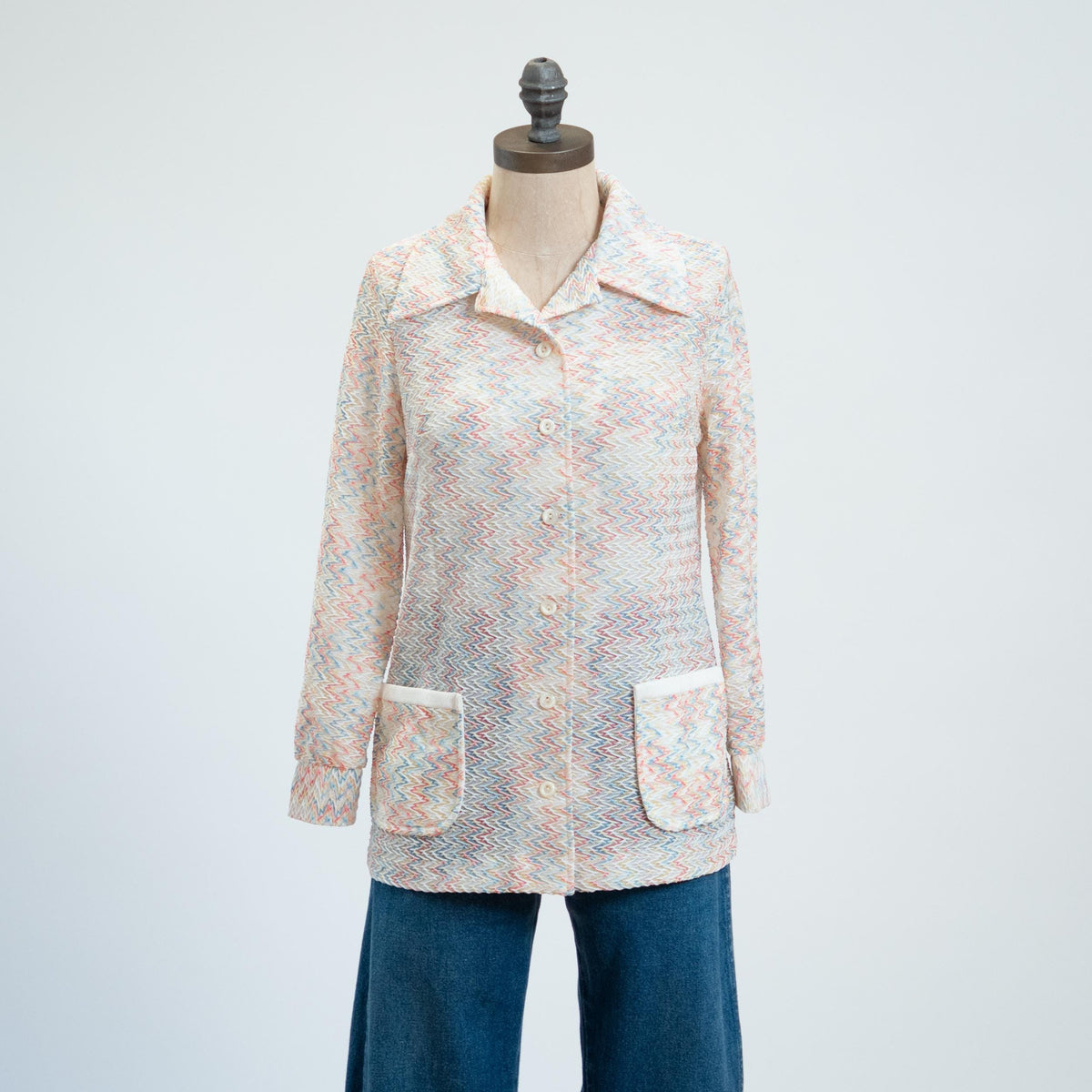 Vintage 70s Flame Stitch Knit Shirt - Medium | Zig Zag Striped Long Sleeve Collared Top
