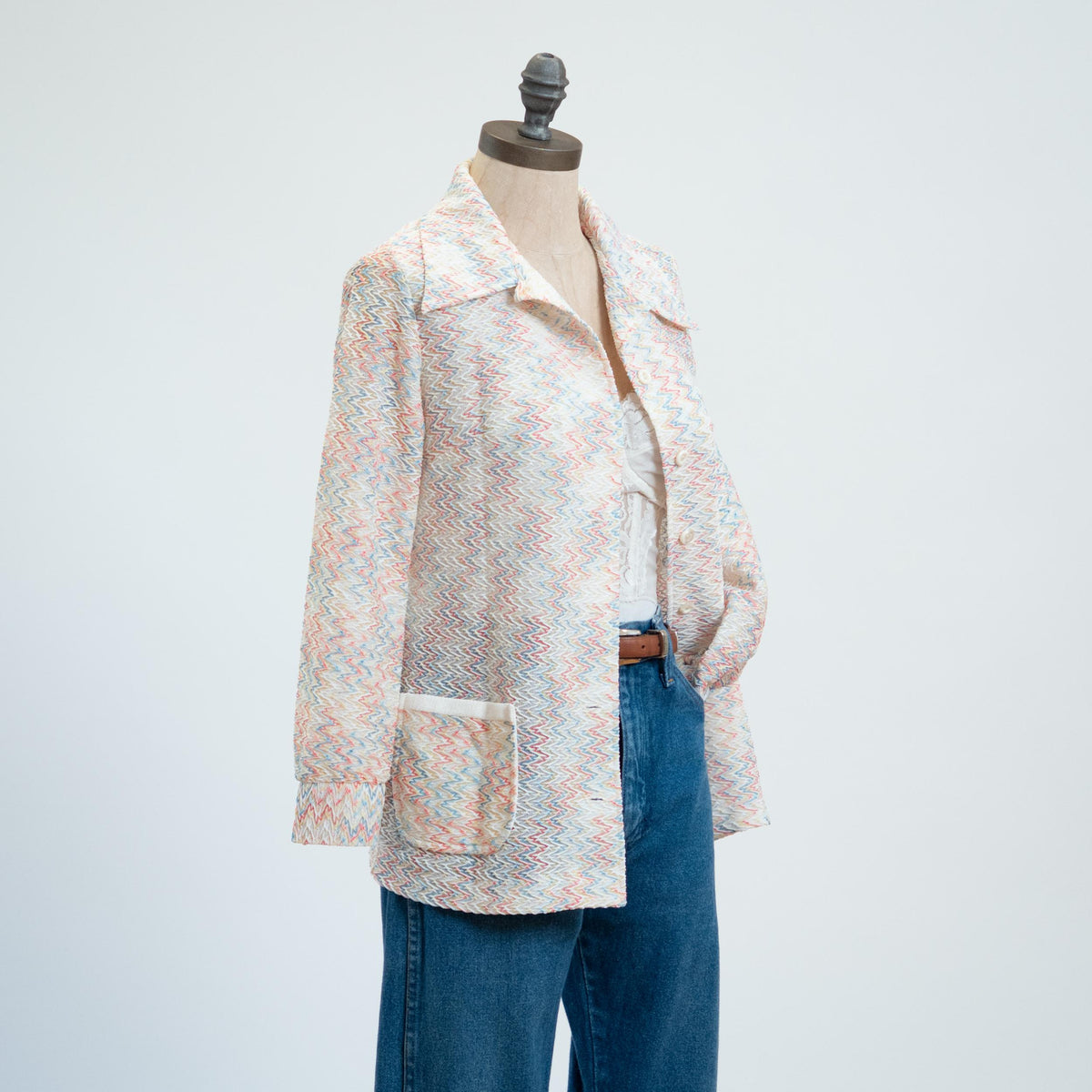 Vintage 70s Flame Stitch Knit Shirt - Medium | Zig Zag Striped Long Sleeve Collared Top