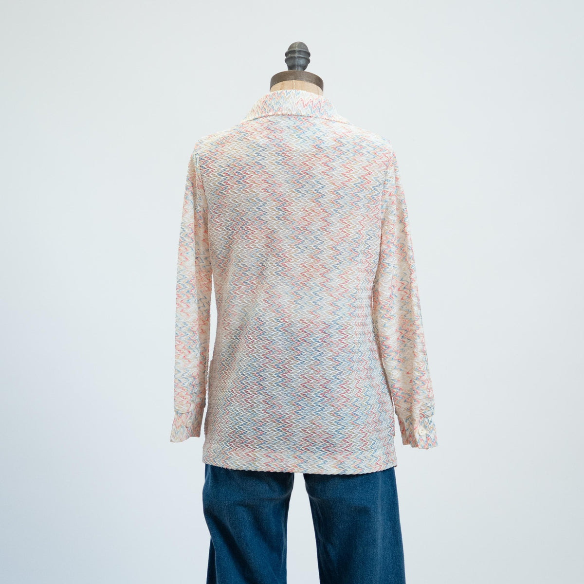 Vintage 70s Flame Stitch Knit Shirt - Medium | Zig Zag Striped Long Sleeve Collared Top