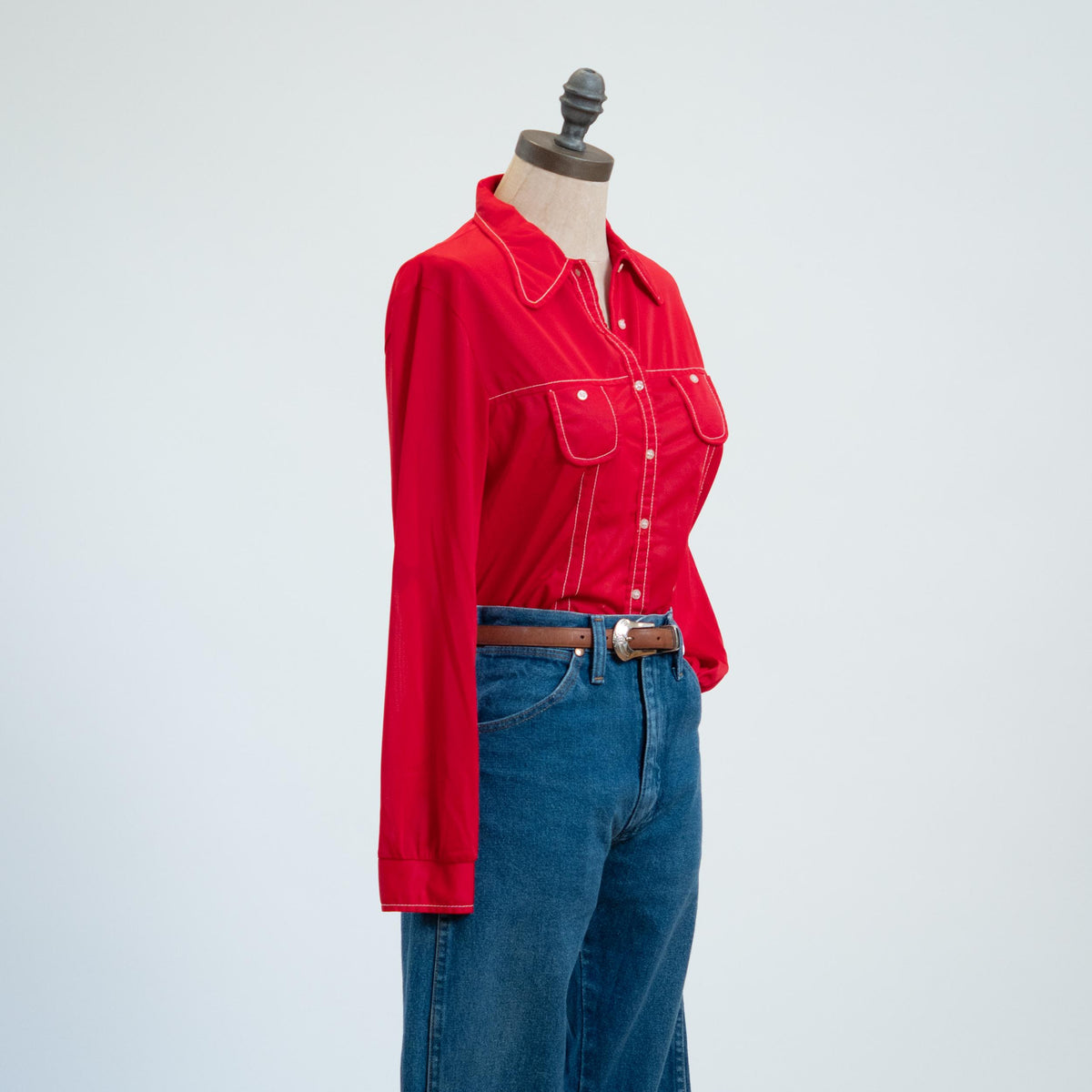 Vintage 70s Mod Red Button Up Dog Ear Collar Top, As Is - Extra Small | Long Sleeve Contrast Stitch Shirt