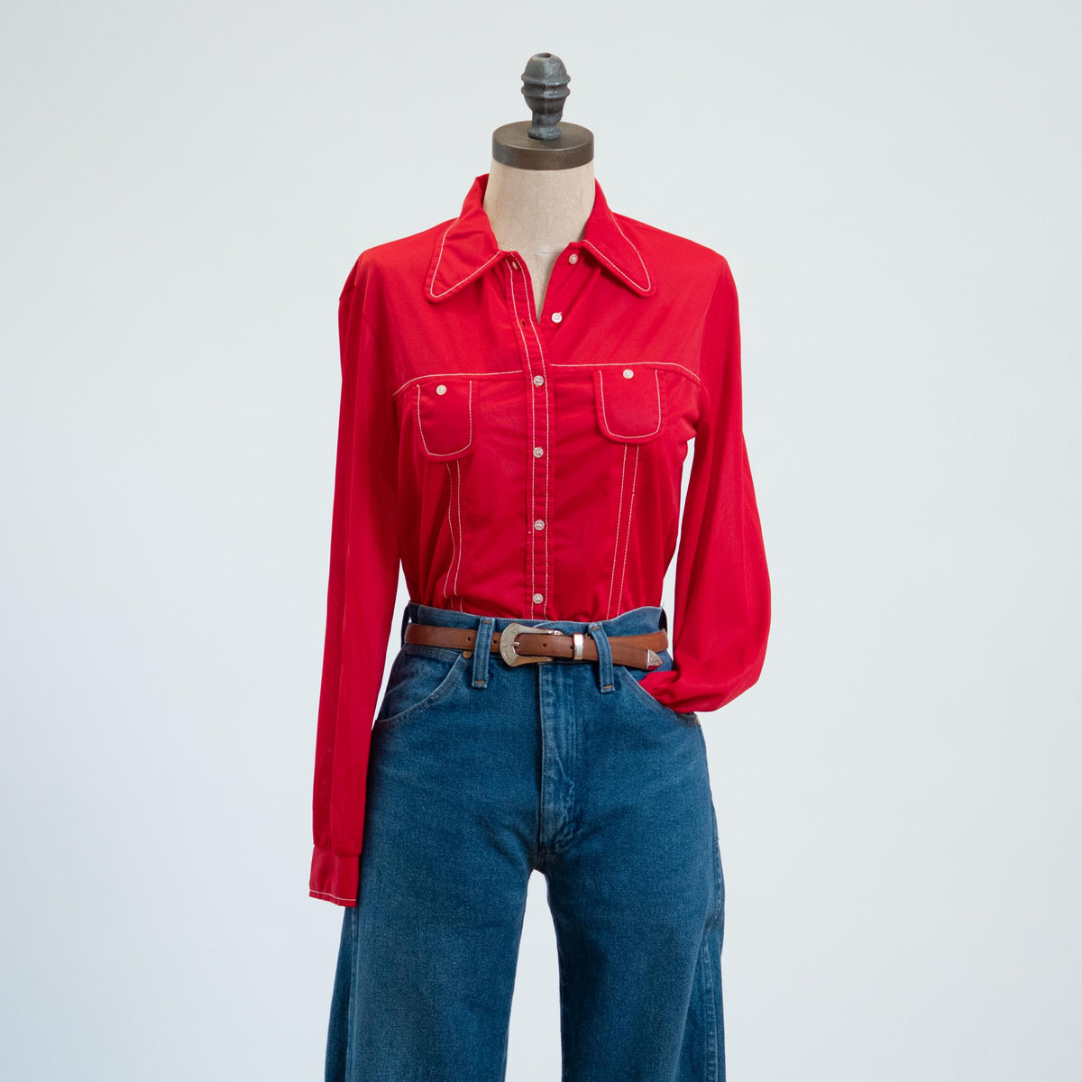 Vintage 70s Mod Red Button Up Dog Ear Collar Top, As Is - Extra Small | Long Sleeve Contrast Stitch Shirt