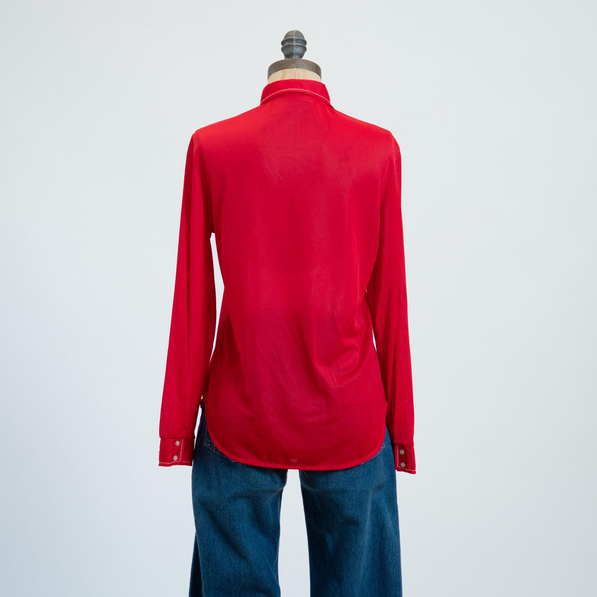 Vintage 70s Mod Red Button Up Dog Ear Collar Top, As Is - Extra Small | Long Sleeve Contrast Stitch Shirt