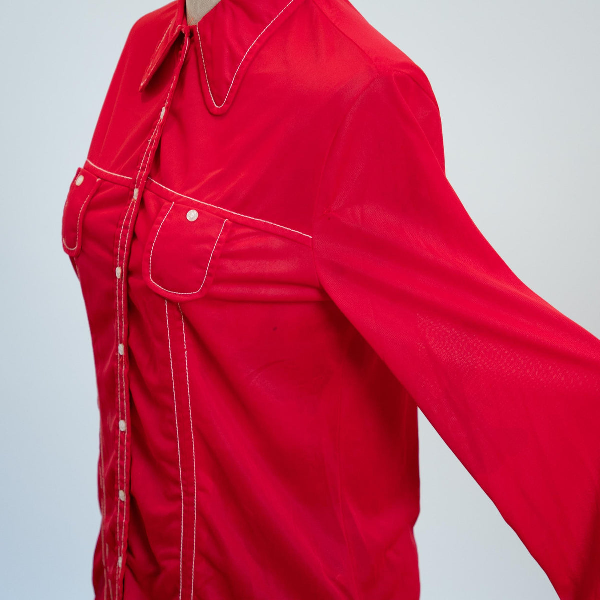 Vintage 70s Mod Red Button Up Dog Ear Collar Top, As Is - Extra Small | Long Sleeve Contrast Stitch Shirt