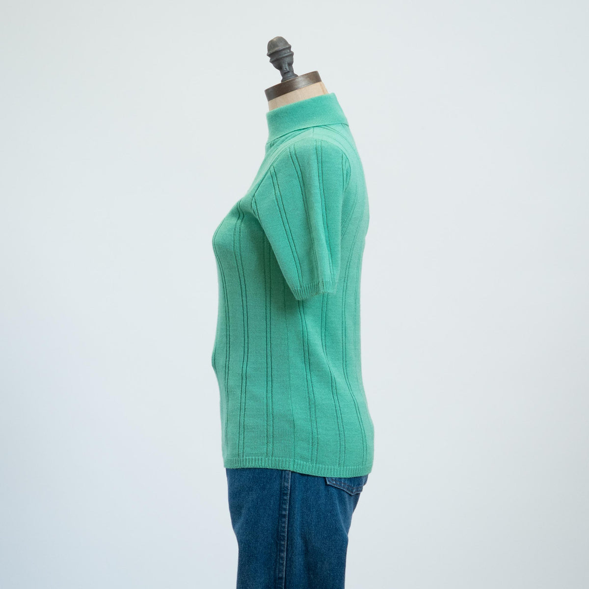 Vintage 70s Mint Knit Turtleneck Top - Extra Small | Short Sleeve Ribbed Shirt