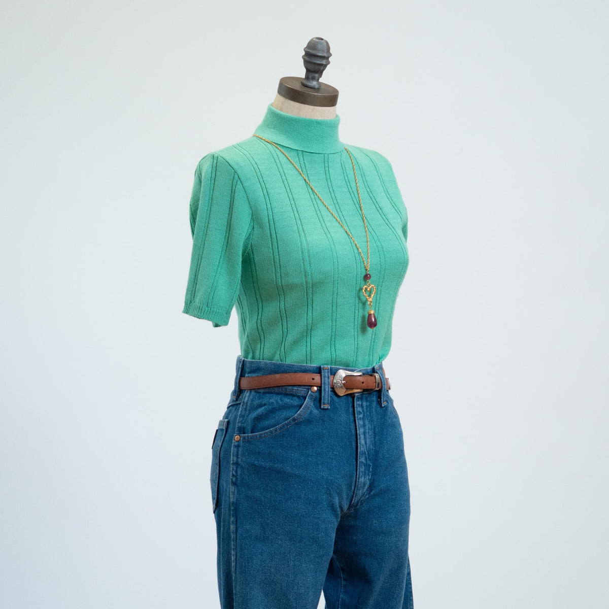 Vintage 70s Mint Knit Turtleneck Top - Extra Small | Short Sleeve Ribbed Shirt
