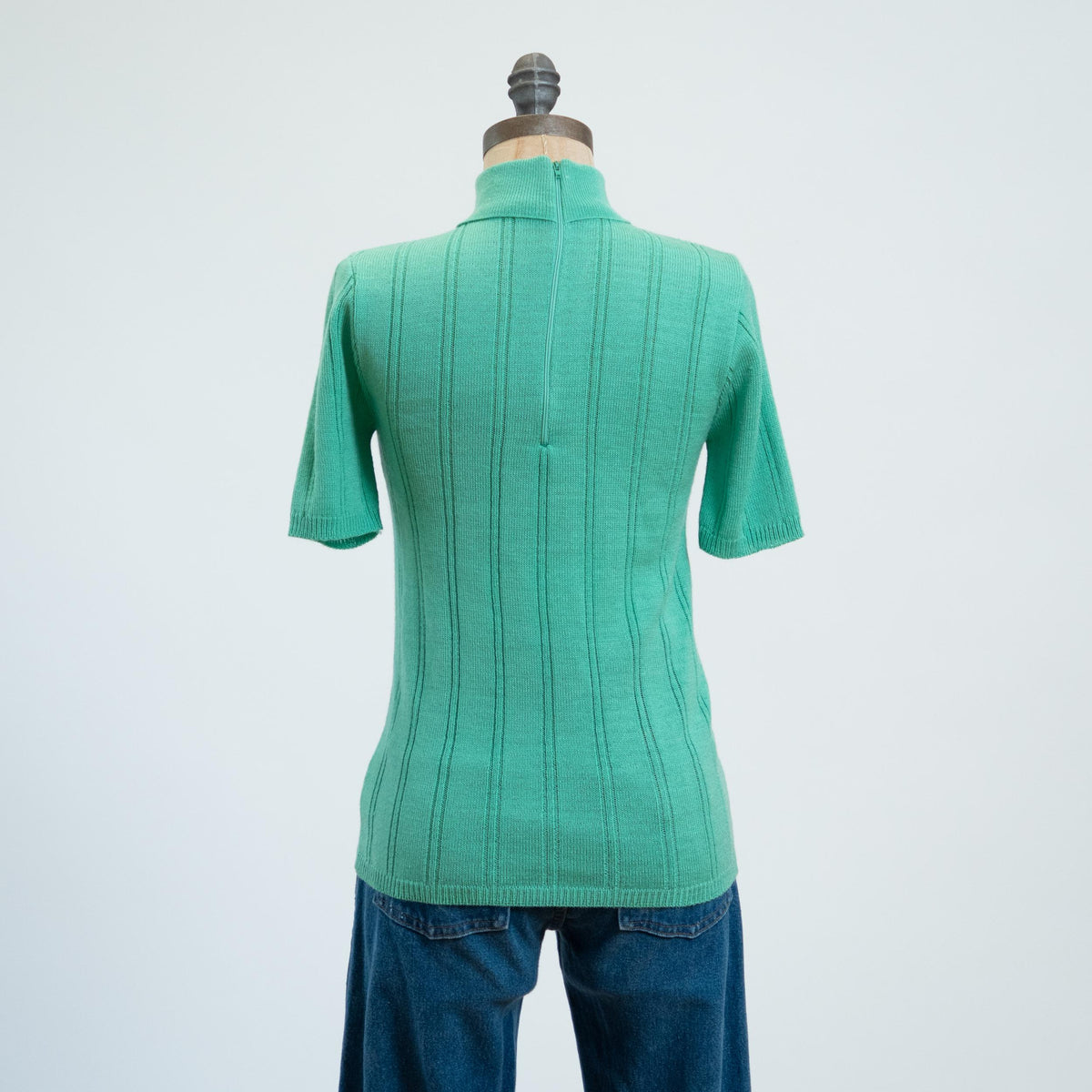 Vintage 70s Mint Knit Turtleneck Top - Extra Small | Short Sleeve Ribbed Shirt