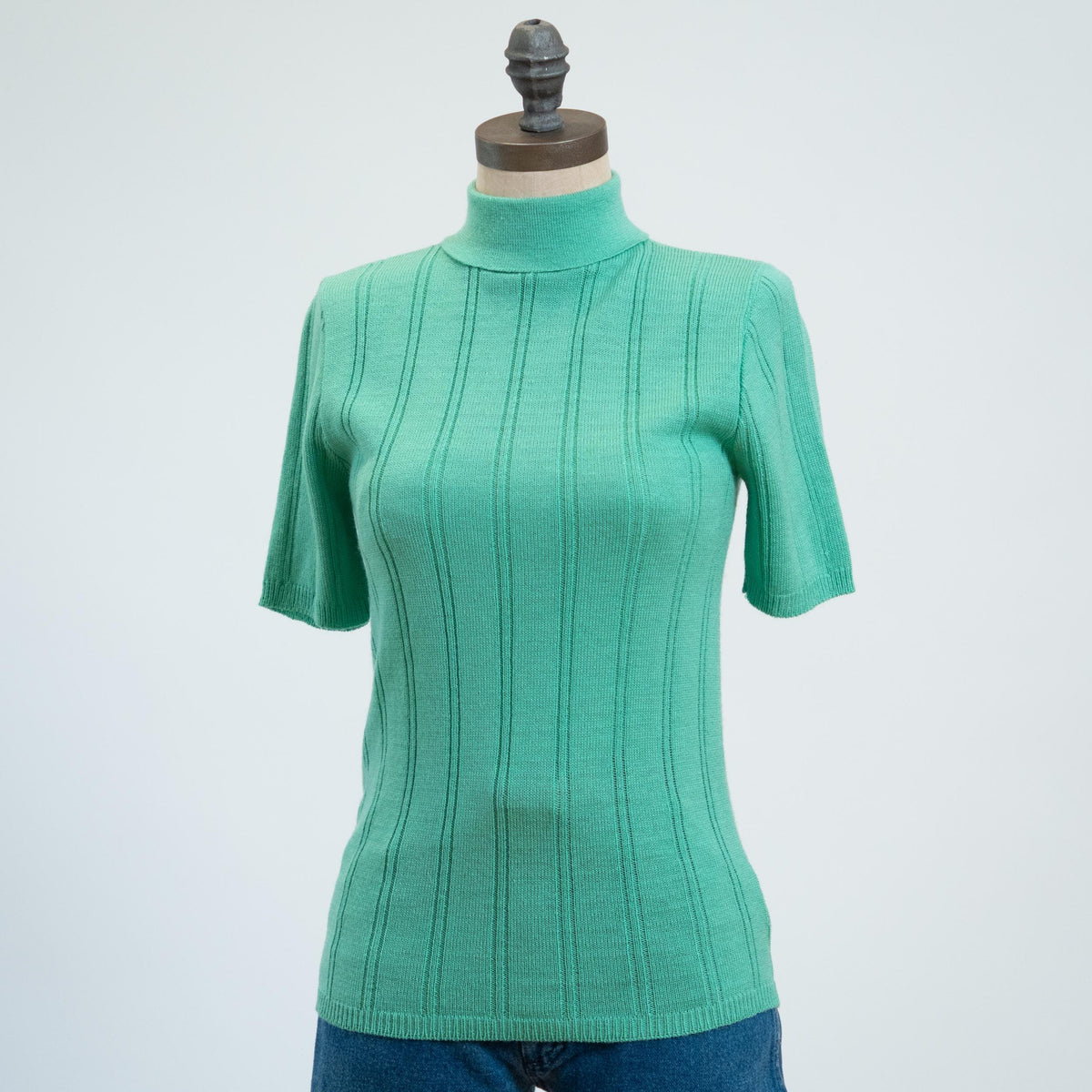 Vintage 70s Mint Knit Turtleneck Top - Extra Small | Short Sleeve Ribbed Shirt
