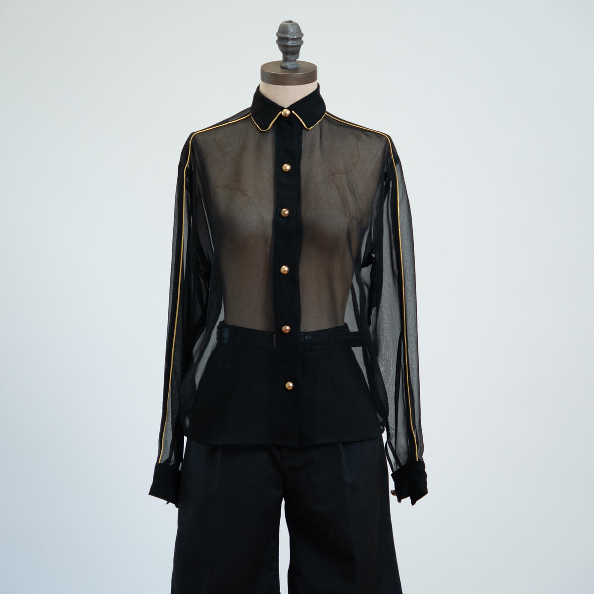 Vintage 80s Sheer Black Gold Trim Blouse - Medium | Goth Button Up Long Sleeve Collared Top
