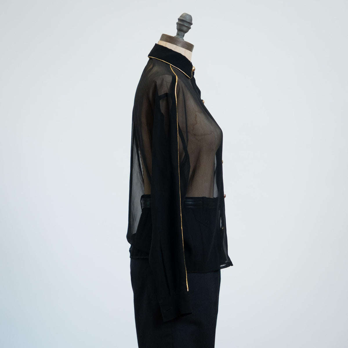 Vintage 80s Sheer Black Gold Trim Blouse - Medium | Goth Button Up Long Sleeve Collared Top