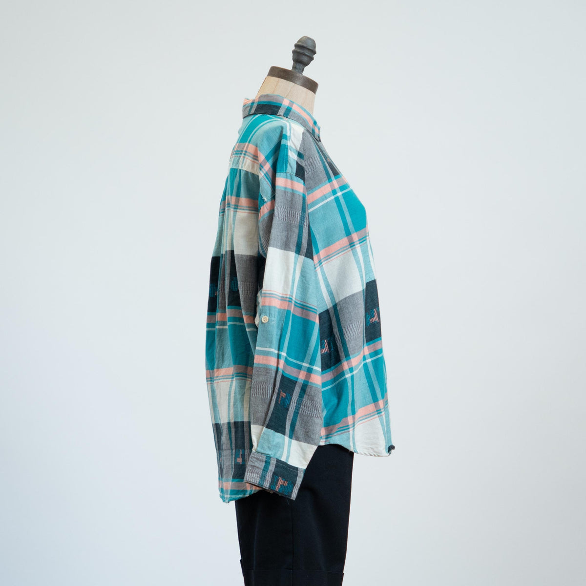 Vintage 80s Blue Madras Plaid Roll Tab Sleeve Shirt - Medium | Deadstock Button Up Cotton Blouse