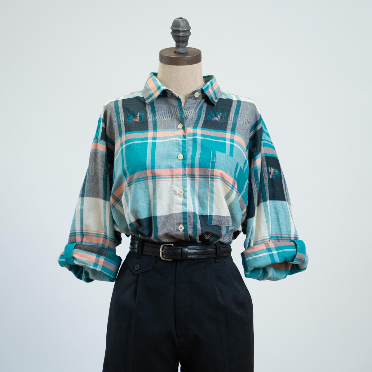 Vintage 80s Blue Madras Plaid Roll Tab Sleeve Shirt - Medium | Deadstock Button Up Cotton Blouse