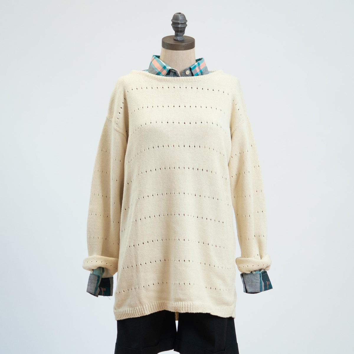 Vintage 90s Cream Eyelet Knit Longline Sweater - Medium | Cotton Boatneck Pullover