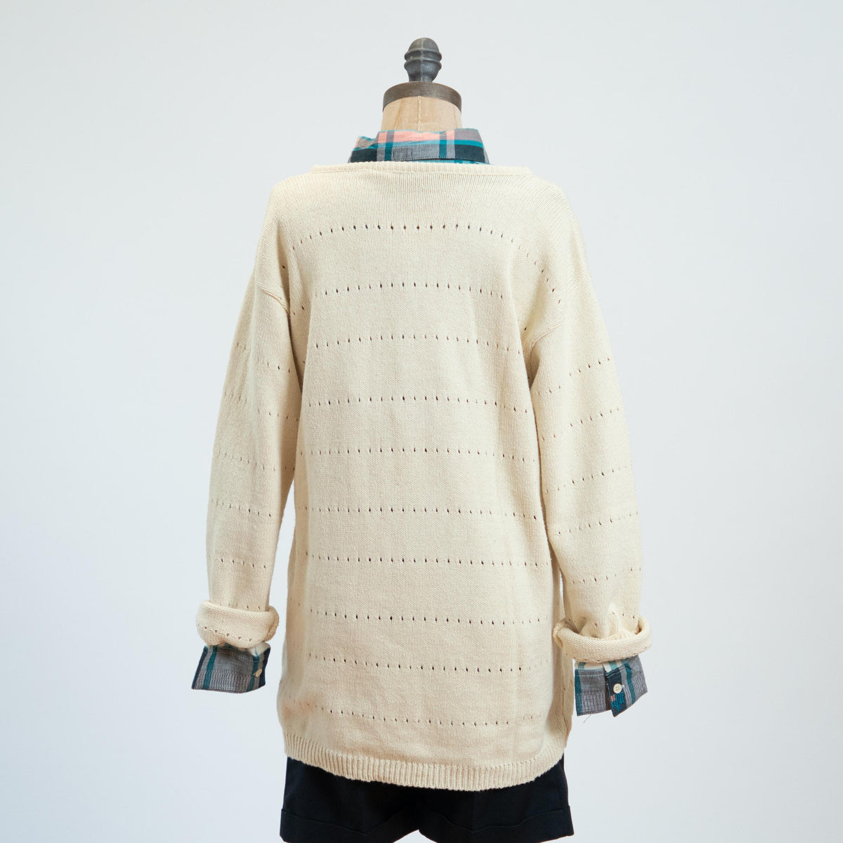 Vintage 90s Cream Eyelet Knit Longline Sweater - Medium | Cotton Boatneck Pullover