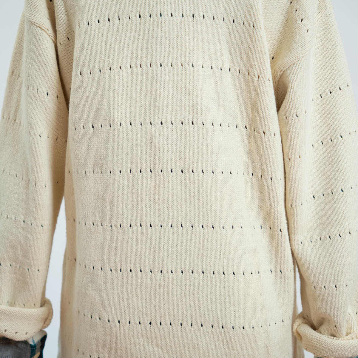 Vintage 90s Cream Eyelet Knit Longline Sweater - Medium | Cotton Boatneck Pullover